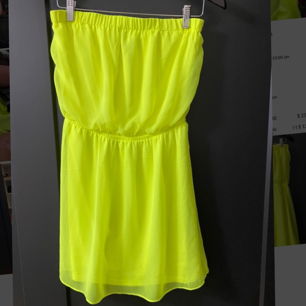 Express strapless neon yellow mini bloussant dress